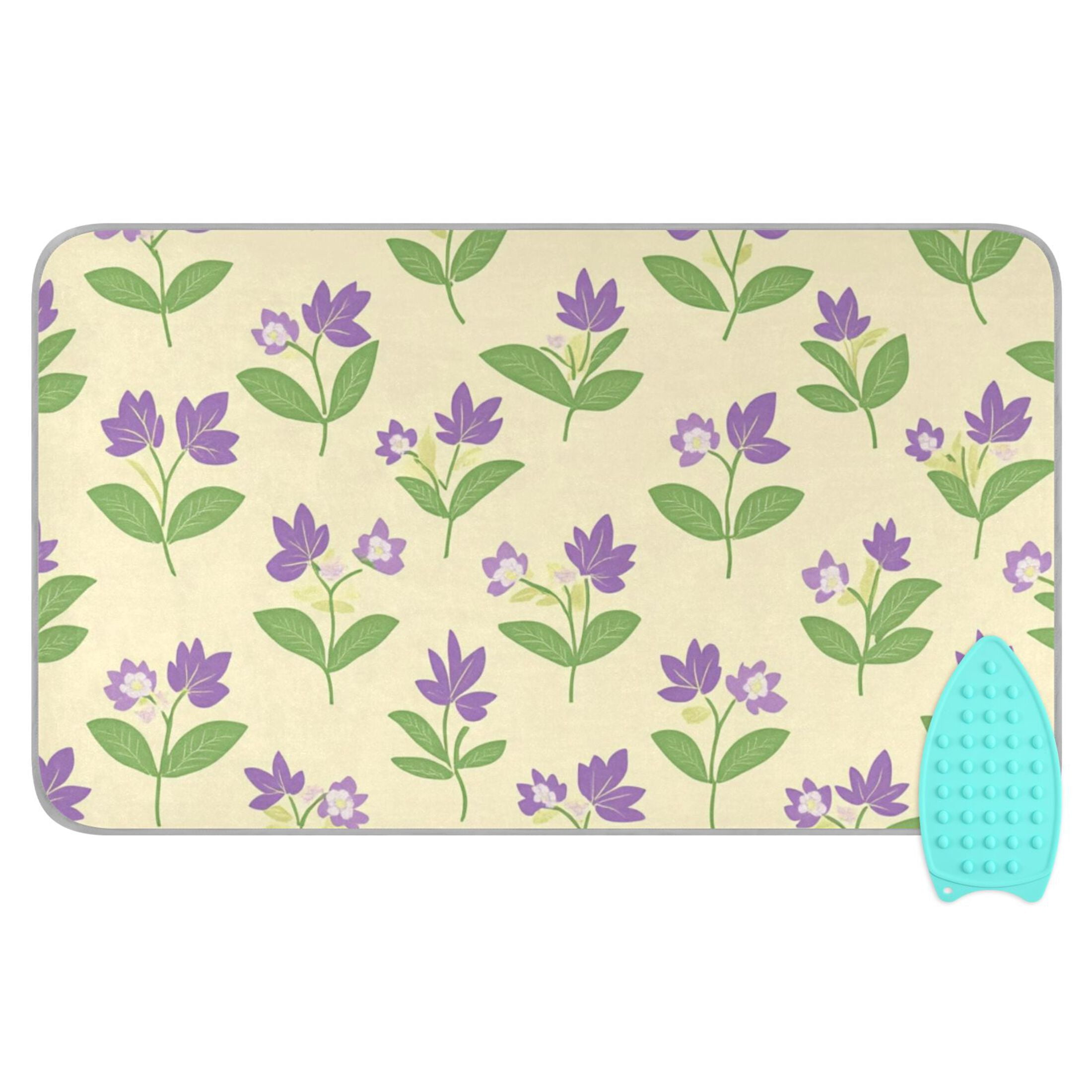 Purple Flowers and Green Leaves Ironing Mat Blanket for Table Top Travel Portable Ironing Board Pad 47.2x27.6 Inch
