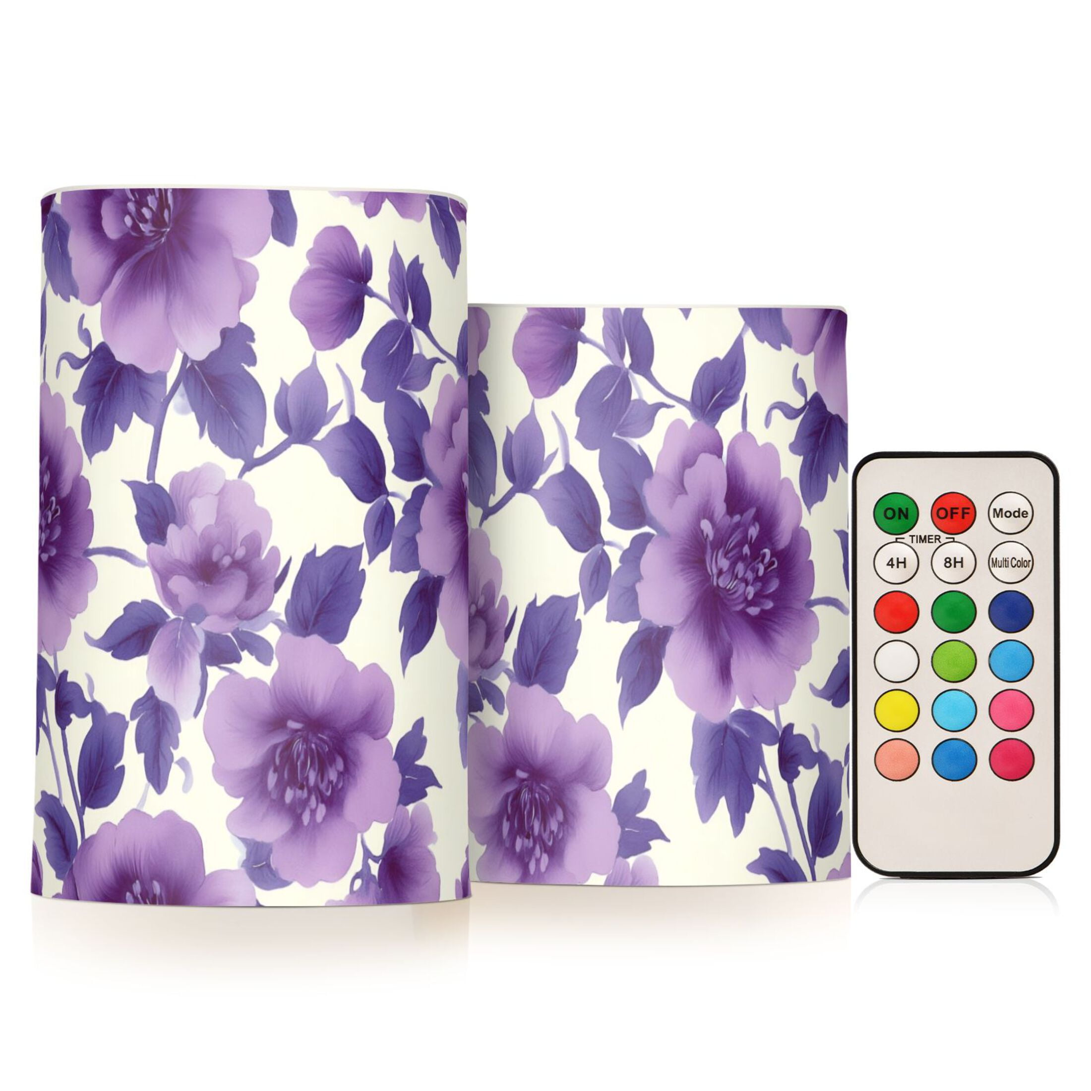 Purple Flowers and Leaves Flickering Flameless Candles Battery Operated with Remote Timer LED Pillar Candles Set of 2