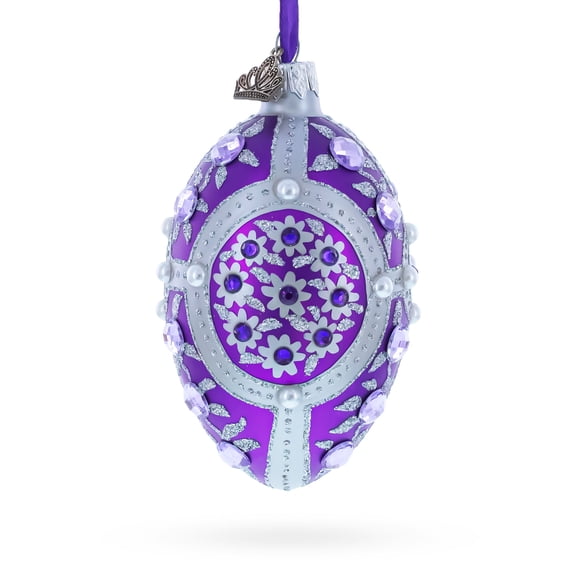 Purple Flowers on Purple Glass Egg Ornament 4 Inches