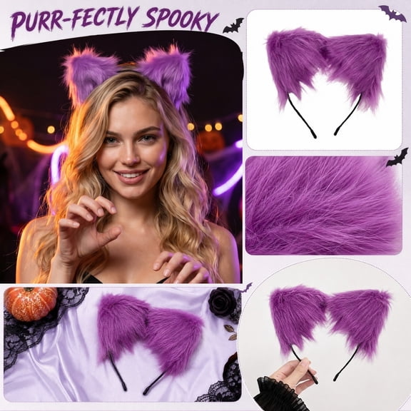 Purple Fluffy Cat Ears Headband 7 Inch, Halloween Accessory for Student, Cute Kitten Dress Up Outfit Addition, for Halloween Party, and Themed Event, Purple, 1 Pack