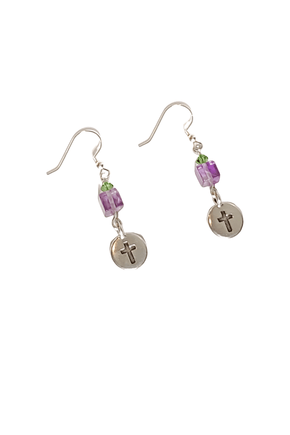 Purple Fluorite, Green Crystal, and Cross Earrings with Sterling Silver Hooks