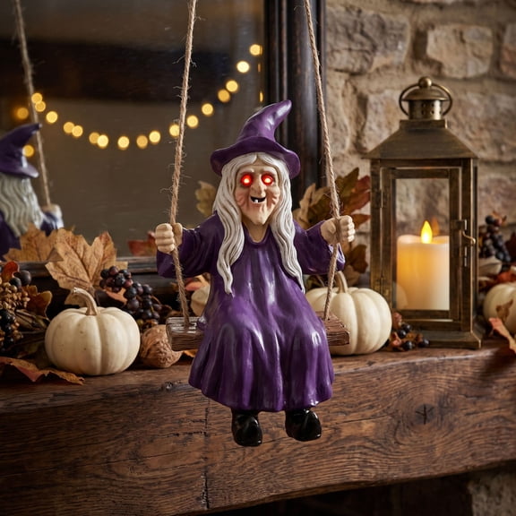 Purple Flying Witch Halloween Decoration with Hanging Rope Swing,Spooky Halloween Hanging Decor for Window,Porch,Shelf,Home Decor,Halloween Decorations for Home,1 Pack