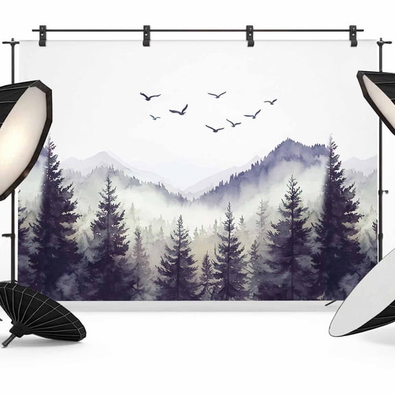Purple Foggy Forest Backdrop for Photoshoot,Photography Photo Studio Background Wall Backdrop,Country Mountain Birds Pine Trees Back Drop Banner Panel for Portraits Wedding Live Streaming 12x8Ft