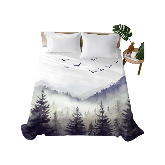 Purple Foggy Forest Flat Sheet Only Twin Size, Soft Breathable Bed Top Sheets for Mattress, Country Mountain Birds Pine Trees Luxury Bedding Flat Sheets for Home Hotel Bedroom Bed Protection