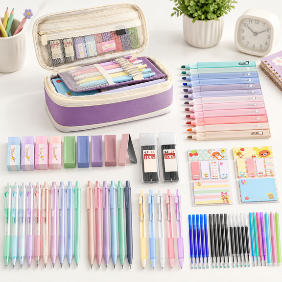 Purple Foldable Pencil Case All-in-One Aesthetic Stationery Set