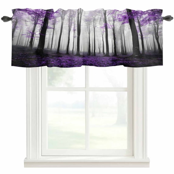 Purple Forest Farmhouse Short Window Curtain Valances, Vintage Foggy Woods Tree Mysterious Rod Pocket Kitchen Valances for Living Room Bedroom Bathroom Cafe 60" x 18"