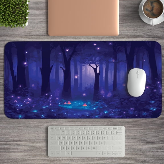 Purple Forest Firefly Desk Mat, Night Sky Desk Mat, Aurora Light Large Mouse Pad, Beautiful Landscape Gaming Keyboard Mat Office Gift