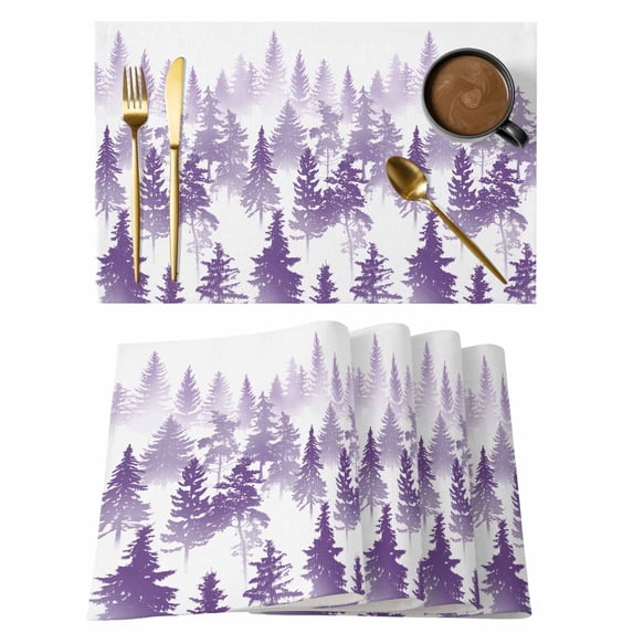 Purple Forest Placemats Set of 6, Cotton Linen Fabric Place Mats, Contemporary Silhouette Abstract Art Washable Decorative Table Mats Protector for Home Kitchen Dining Wedding Party Coffee Tables