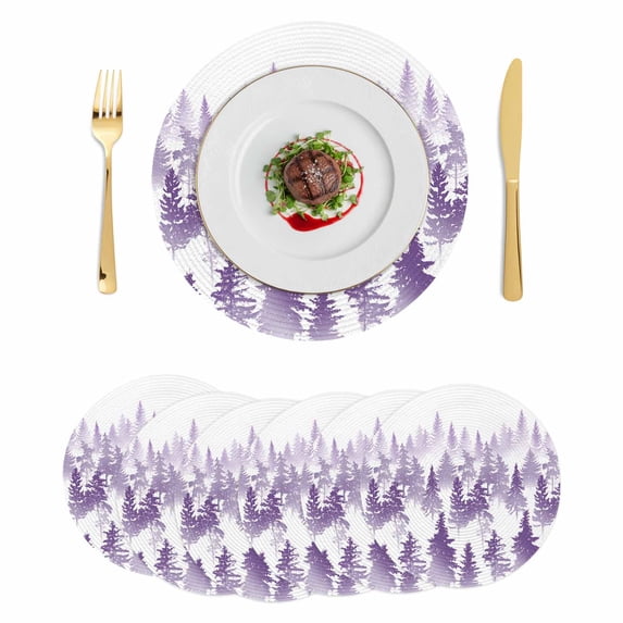 Purple Forest Round 15 Inch Placemats Set of 6, Contemporary Silhouette Abstract Art HeatResistant Non Slip Place Mats for Dining Table, Wipeable Braided Kitchen Table Mats for Housewarming