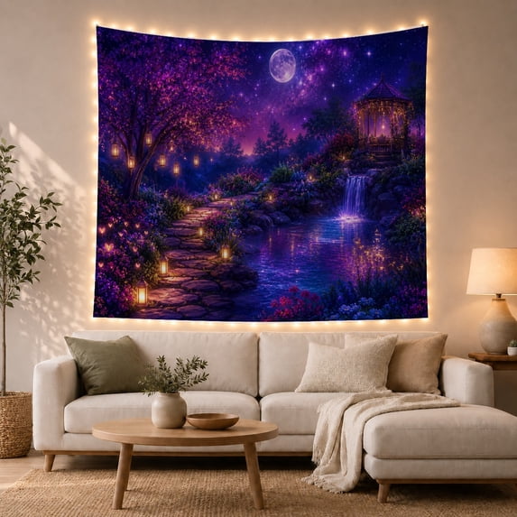 Purple Forest Waterfall Under Starry Night Mystical Fantasy for Nature Lovers Fantasy Forest Decor Housewarming Gift Tapestry Wall Hanging for Bedroom Living Room
