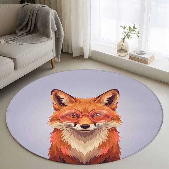 Purple Fox 3ft Area Rug, Funny Animals Modern Art Washable Non-Slip Small Round Rugs for Entryway Bedroom Kitchen, Soft Circle Carpet for Dining Room, Playroom Nursery Rug