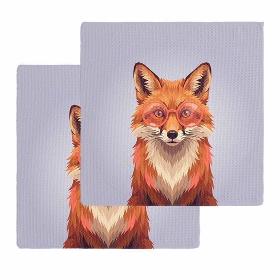 Purple Fox Kitchen Dish Towels for Drying Dishes Set of 2, Funny Animals Modern Art Waffle Weave Microfiber Hand Tea Bathroom Towels Quick Dry & Absorbent Towel 12x12
