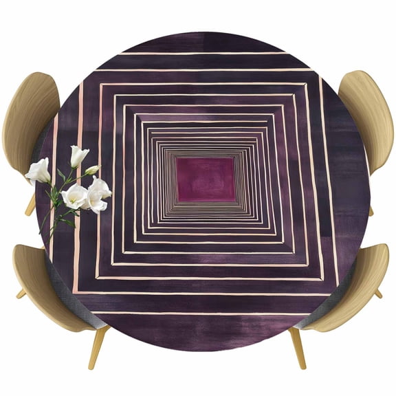 Purple Framed Round Tablecloth 36-44 Inch Round Fitted Table Cloth with Elastic Edge, Geometric Abstract Art Modern Waterproof Table Cover Protector for Outdoor Picnic Party Dining
