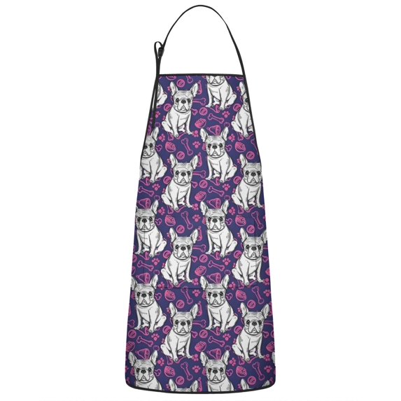 Purple French Bulldog Apron-Garden Aprons for Women with Pockets-Cotton Linen Waterproof Kitchen Cooking Gardening Aprons Adjustable for Kitchen,Cooking,BBQ and Salon 33x27 Inch