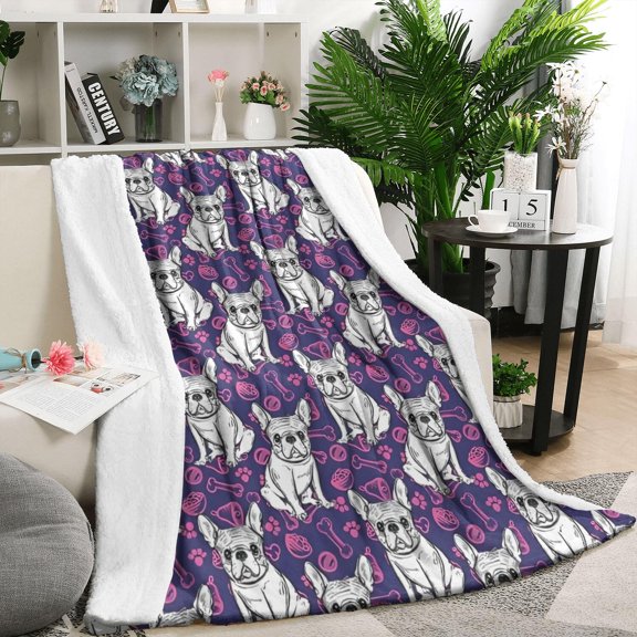 Purple French Bulldog Blanket,Comfortable Soft Flannel Throw Blanket,All Season,Warm Lightweight Blankets for Sofa Bed Couch Living Room Chair,50"x60"