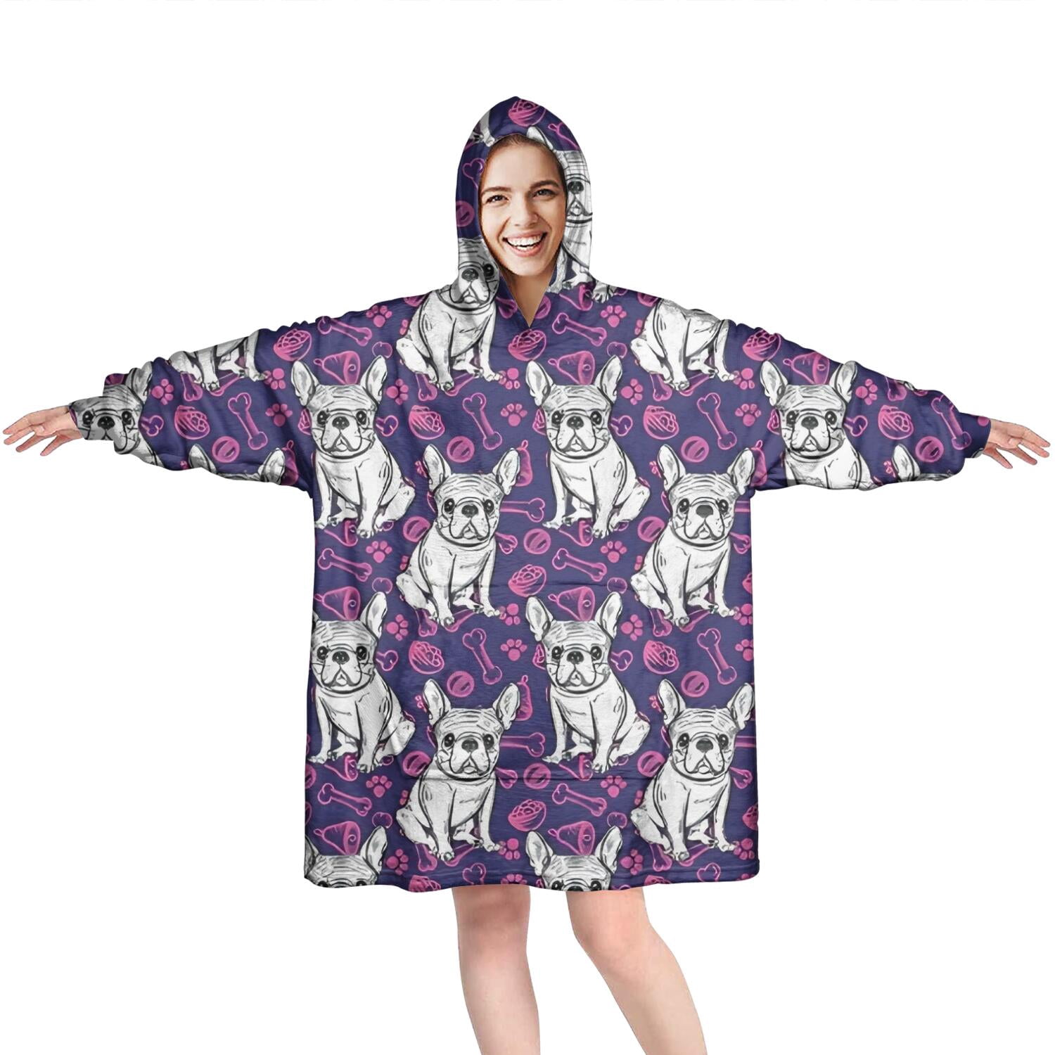 Purple French Bulldog Wearable Oversized Blanket,Wearable Blanket Hoodie for Adults,Cozy Hooded Blankets with Super Pockets,Super Warm Fuzzy Pullover for Women & Men