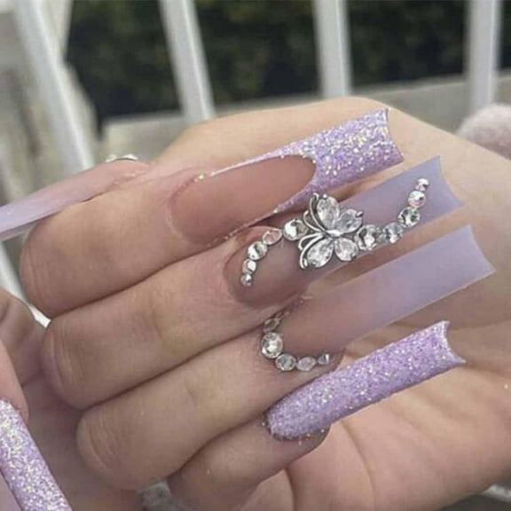 Purple French Press on Nails Long 3D Butterfly Fake Nails Coffin Bling Glossy Rhinestone False Nail Tips Artificial Nails Finger Manicure for Women and Girls-24pcs Nails 6
