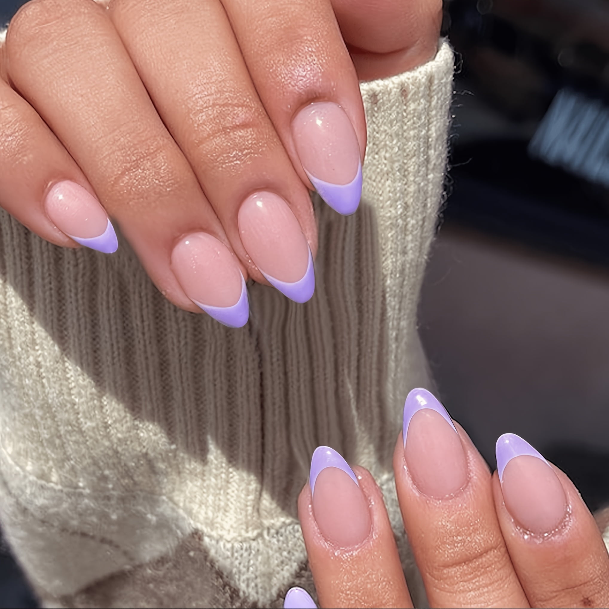 Purple French Tip Press On Nails, Short Almond Fake Nails,Full