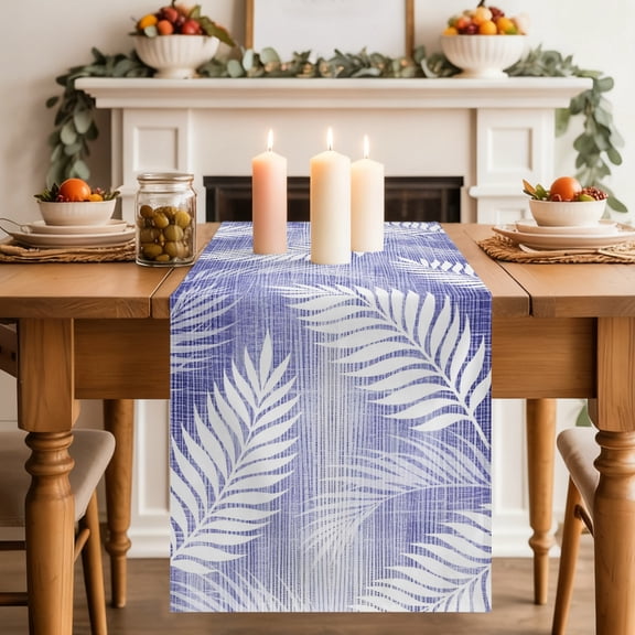 Purple Fronds Dining Table Runner, Rustic Lavender Leaf Plant Linen Texture Farmhouse Washable Table Runners Kitchen Coffee Table Center Decor for Home Party Holiday Wedding 13 x 36 Inches