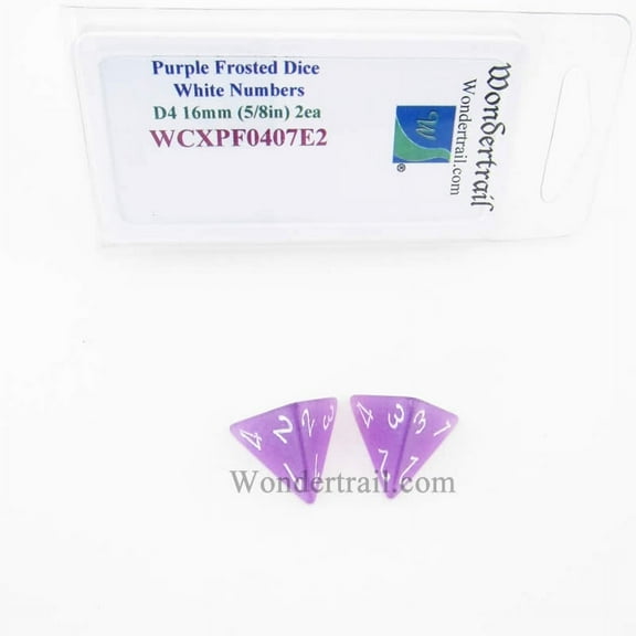 Purple Frosted Dice with White Numbers D4 Aprox 16mm (5/8in) Pack of 2 Wondertrail