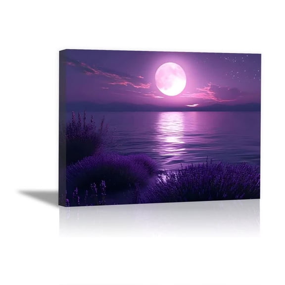 Purple Full Moon Lavender Lakeside Framed Canvas Art Prints for Hallway Bedroom Living Room Decor, Ready to Hang12"L x 8"W