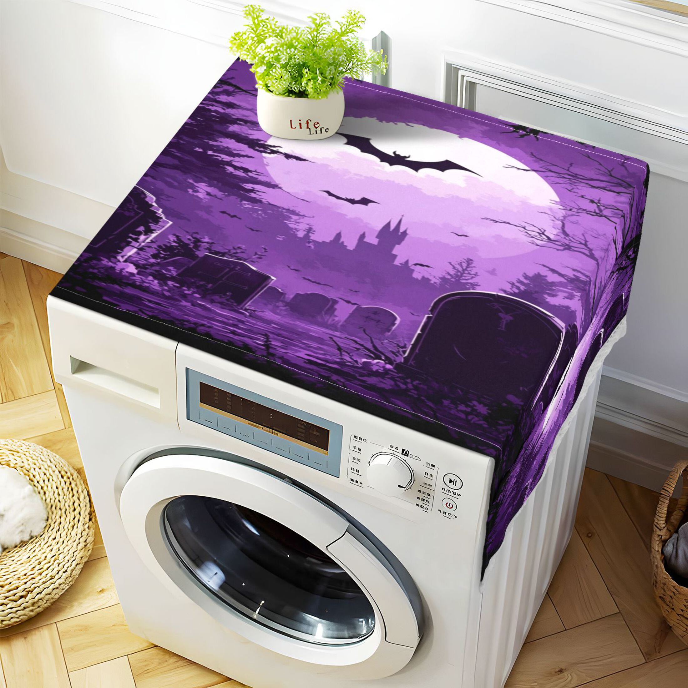 Purple Full MoonWasher and Dryer Covers Dust-Proof and Oil Resistant Fridge Cover with 4 Storage Pockets Washing Machine Top Cover for Laundry Kitchen Home 51.2 x 22 In