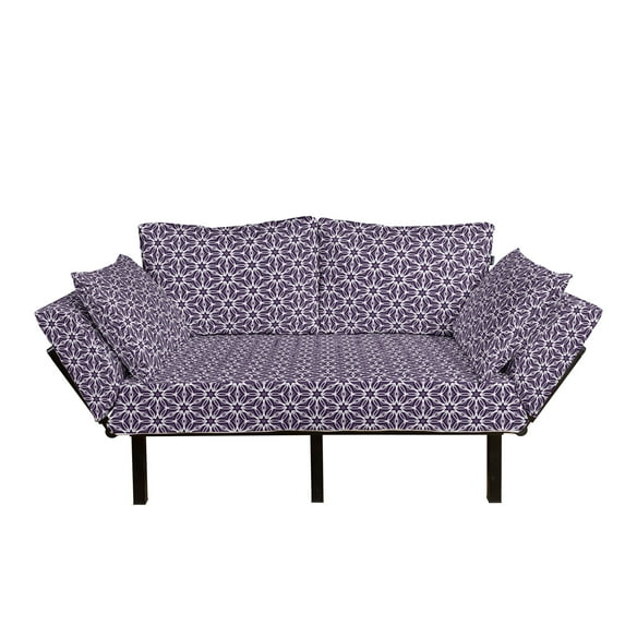 Purple Futon Couch, Geometric Arrangement with Flower Petal Silhouettes Monotone Design Romantic, Daybed with Metal Frame Upholstered Sofa for Living Dorm, Loveseat, Purple and White, by Ambesonne