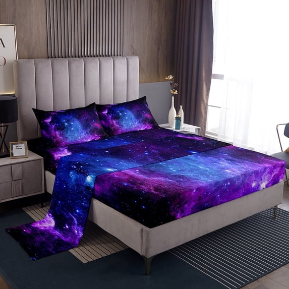 Purple Galaxy Bedding Set Queen Teens Starry Sky Fitted Sheet Space Universe Star Design,Soft Breathable Microfiber Flat Sheet Home Decorative 4 Pcs Bedding Decor Set 2 Pillow Cases