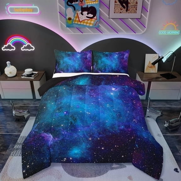Purple Galaxy Comforter Moon Star Comforter Sets King Night Starry Sky Space Bedding Set Reversible Black Nebula Stars Down Comforter for Boys Girls with 1 Comforter and 2 Pillow Cases Navy