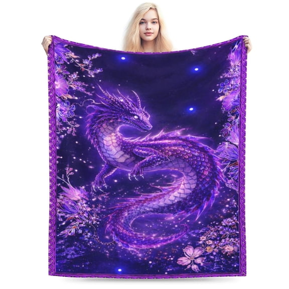 Purple Galaxy Dragon Blanket, Fantasy Celestial Floral Gothic Design, Soft Cozy Plush Bed Sofa Couch Decor Gift for Adults Halloween 50x40