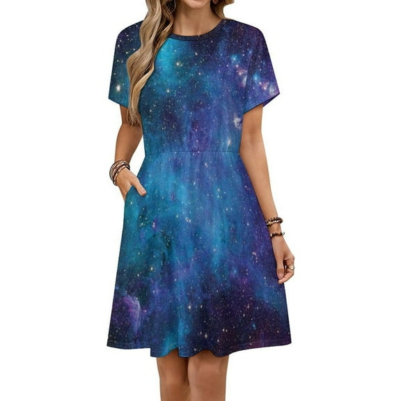 Purple Galaxy Dress Fashion Beach Short Sleeve Dresses Female Party Printed Sundress