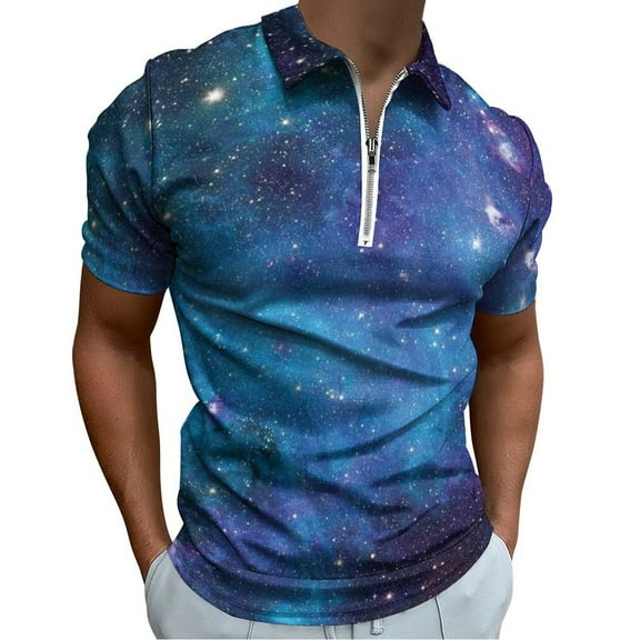 Purple Galaxy Men Zipper T-shirt Summer Casual Short Sleeve T-shirt Top