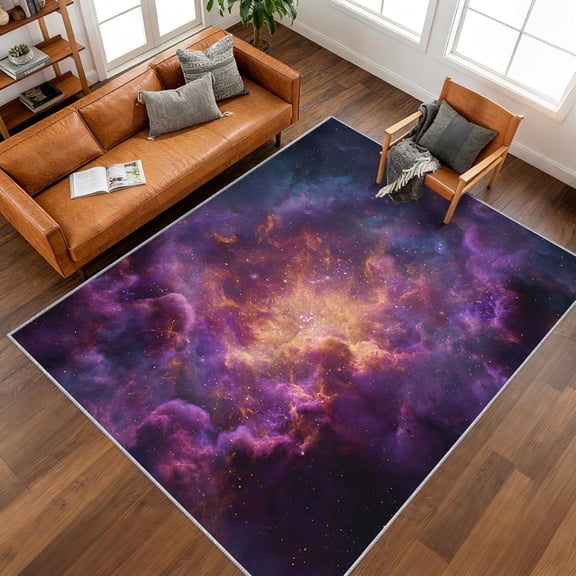 Purple Galaxy Nebula Area Rug, Cosmic Space Pattern Carpet, Washable Non Slip Low Pile Soft Thin, Living Room Bedroom Home Decor Mat 5x8ft