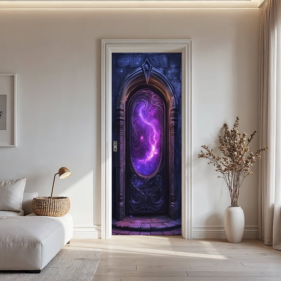 Purple Galaxy Portal Door Sticker Self-Adhesive PVC Mystical Fantasy Style Decal for Bedroom Game Room and Wall Decor Easy to Apply and Waterproof
