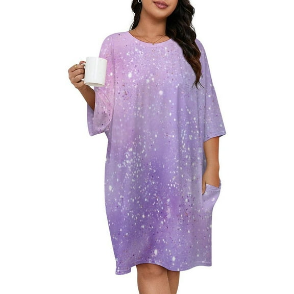 Purple Galaxy Sparkle Sleepshirts For Sleeping Travels Loose Sleepdress Pajama Dress Soft Nightdress Sleepwear