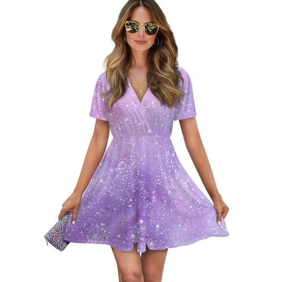 Purple Galaxy Sparkle Women Dress V-Neck Short Sleeve Flowy Swing Party Midi Dress