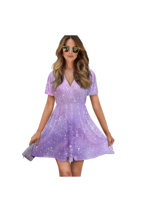 Purple Galaxy Sparkle Women Dress V-Neck Short Sleeve Flowy Swing Party Midi Dress