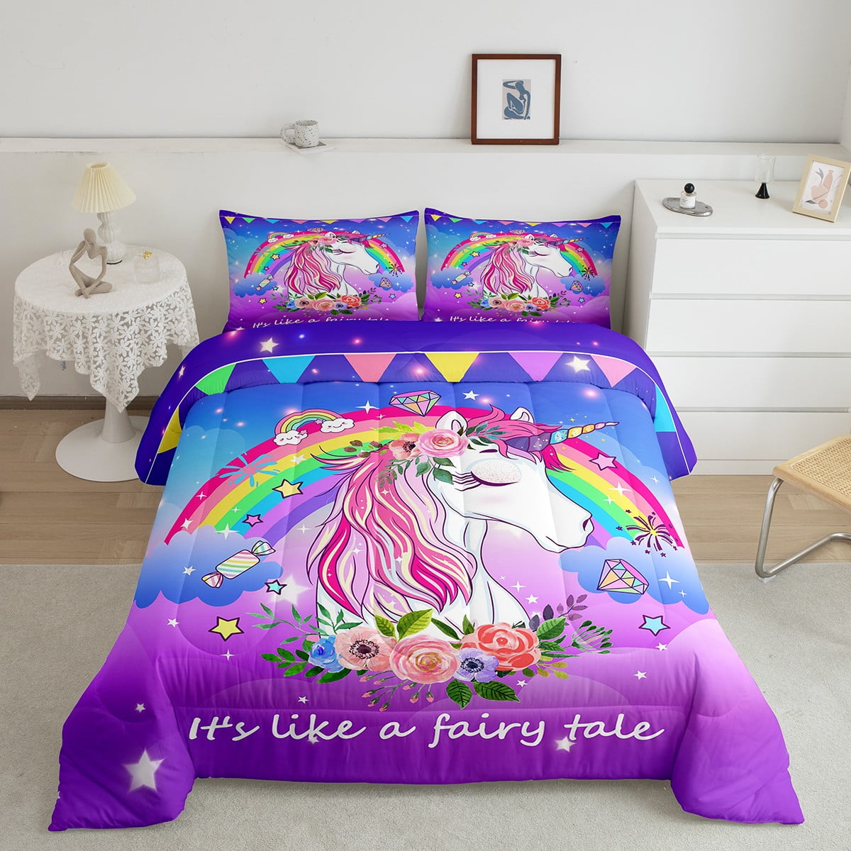 Purple Galaxy Unicorn Bedding,Kawaii Unicorn Backpack Comforter Set
