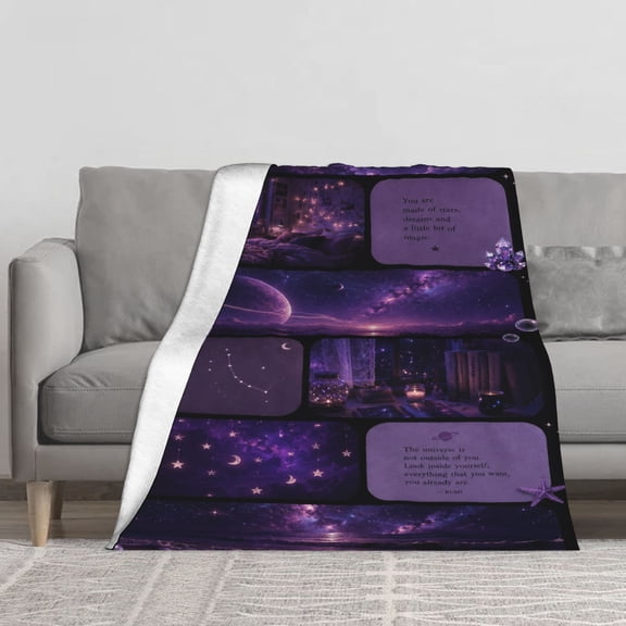 Purple Galaxy Universe Collage Flannel Fleece Throw Blanket, Aesthetic Star Moon Planet Butterfly Inspirational Quote Print Soft Cozy Lightweight Blanket for Sofa Couch Bed