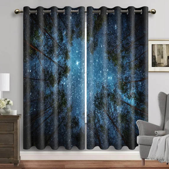 Purple Galaxy Window Curtains Space Planet Eyelet Blackout Curtain Universe Stars Drapes for Bedroom Starry Forest Cortinas 2pcs