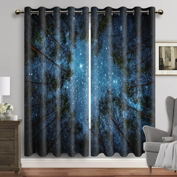 Purple Galaxy Window Curtains Space Planet Eyelet Blackout Curtain Universe Stars Drapes for Bedroom Starry Forest Cortinas 2pcs