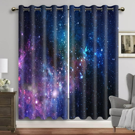 Purple Galaxy Window Curtains Space Planet Eyelet Blackout Curtain Universe Stars Drapes for Bedroom Starry Forest Cortinas 2pcs