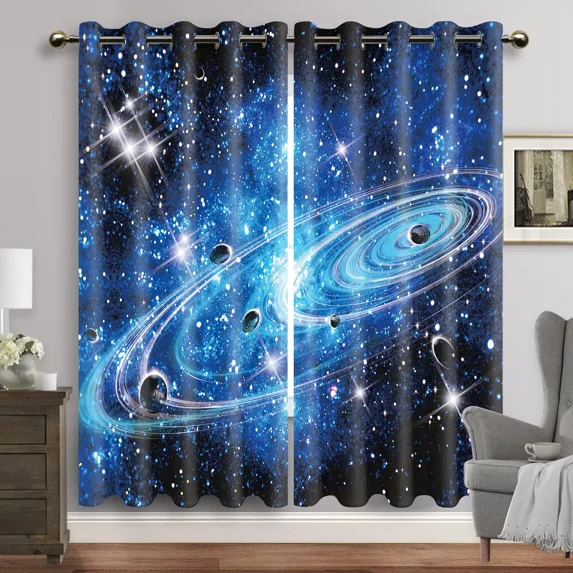 Purple Galaxy Window Curtains Space Planet Eyelet Blackout Curtain Universe Stars Drapes for Bedroom Starry Forest Cortinas 2pcs