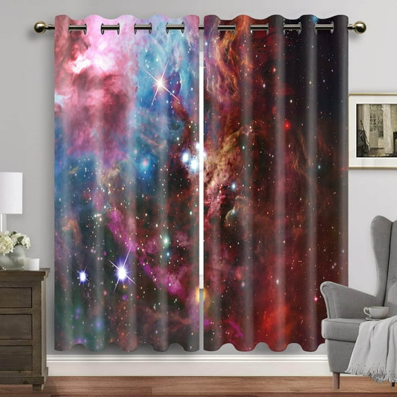 Purple Galaxy Window Curtains Space Planet Eyelet Blackout Curtain Universe Stars Drapes for Bedroom Starry Forest Cortinas 2pcs