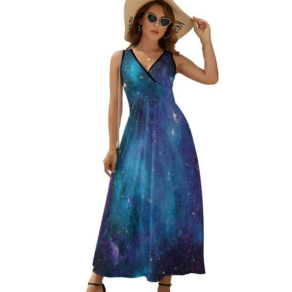 Purple Galaxy Womens Night Club Maxi Dress V Neck Sleeveless Bohemia Long Dresses