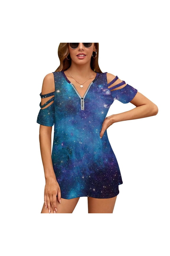 Purple Galaxy Womens Summer V Neck Zipper Top Short Sleeve T Shirt Off Shoulder Top Casual Classy Loose Shirts