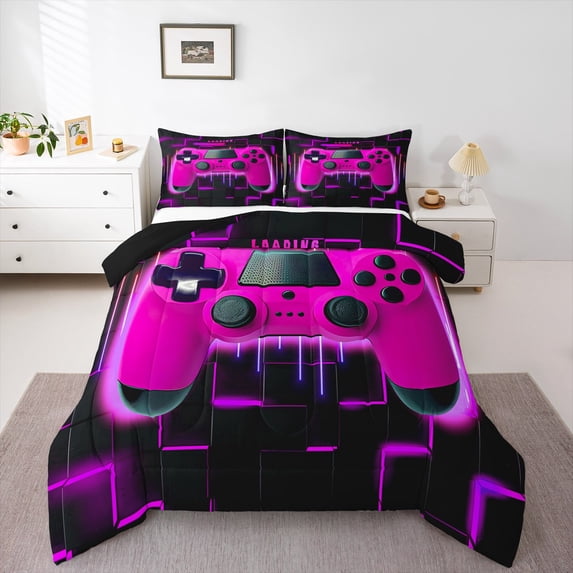 Purple Gaming Comforter Set - Gamer Comforter Twin Bedding Sets , Neon Lights Abstract Geometry Design Gamer Room Decor