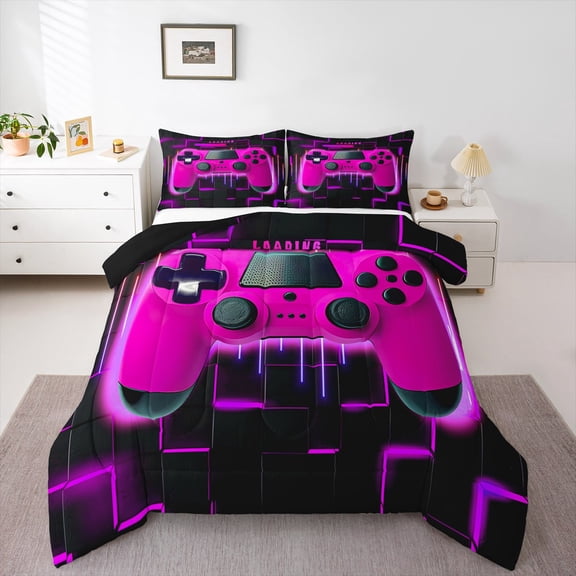 Purple Gaming Full Size Comforter Sets - Gamer Comforter Full Size Bedding Set, Neon Lights Abstract Geometry Design Gamer Room Decor