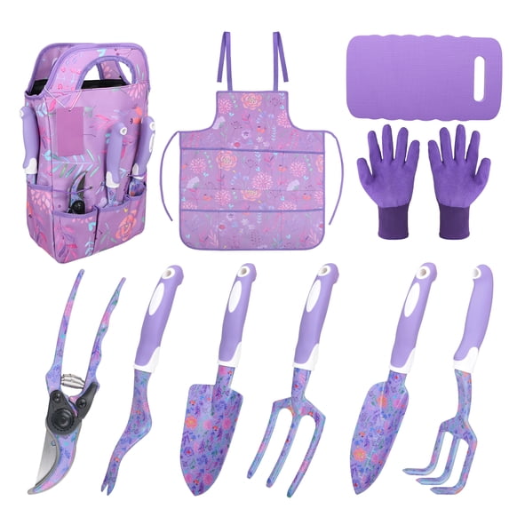 ZUEXT Purple Garden Tool Sets 10-Piece, Aluminum Alloy Steel Hand Tools w/Non-Slip Ergonomic Handle, Floral Print Garden Supplies Organizer Handbag, Cute Gardening Tools Gift for Women Grandmother