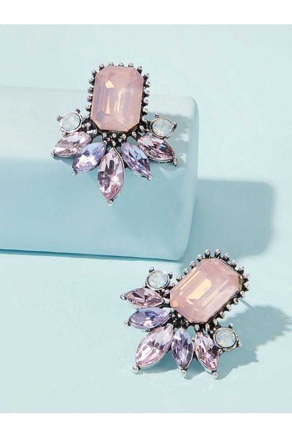 Purple Gemstone Cluster Stud Earrings With Pink Center Stone